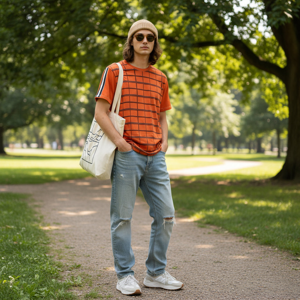 Orange Grid Pattern Tee — All-Over Print Casual Shirt Printify