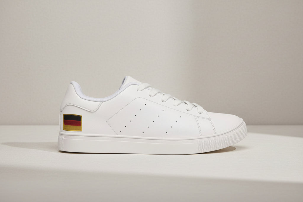 White Leather Low-Top Sneakers with Minimal German Flag Accent