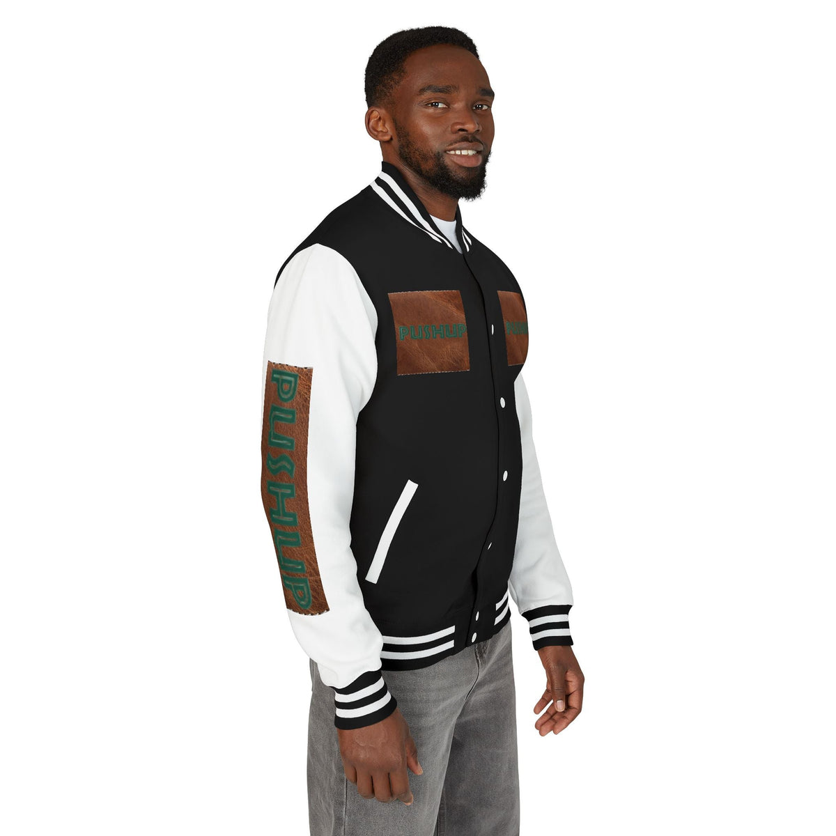 Unisex Heavyweight Letterman Jacket - Bold PUSHUP Design for Sporty Style Printify