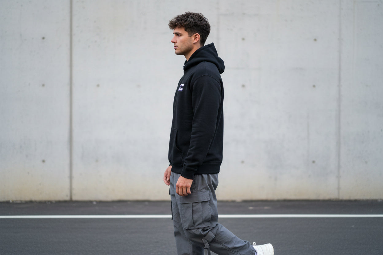 Hoodie — Minimal Black & White Flag Patch Relaxed Hoodie