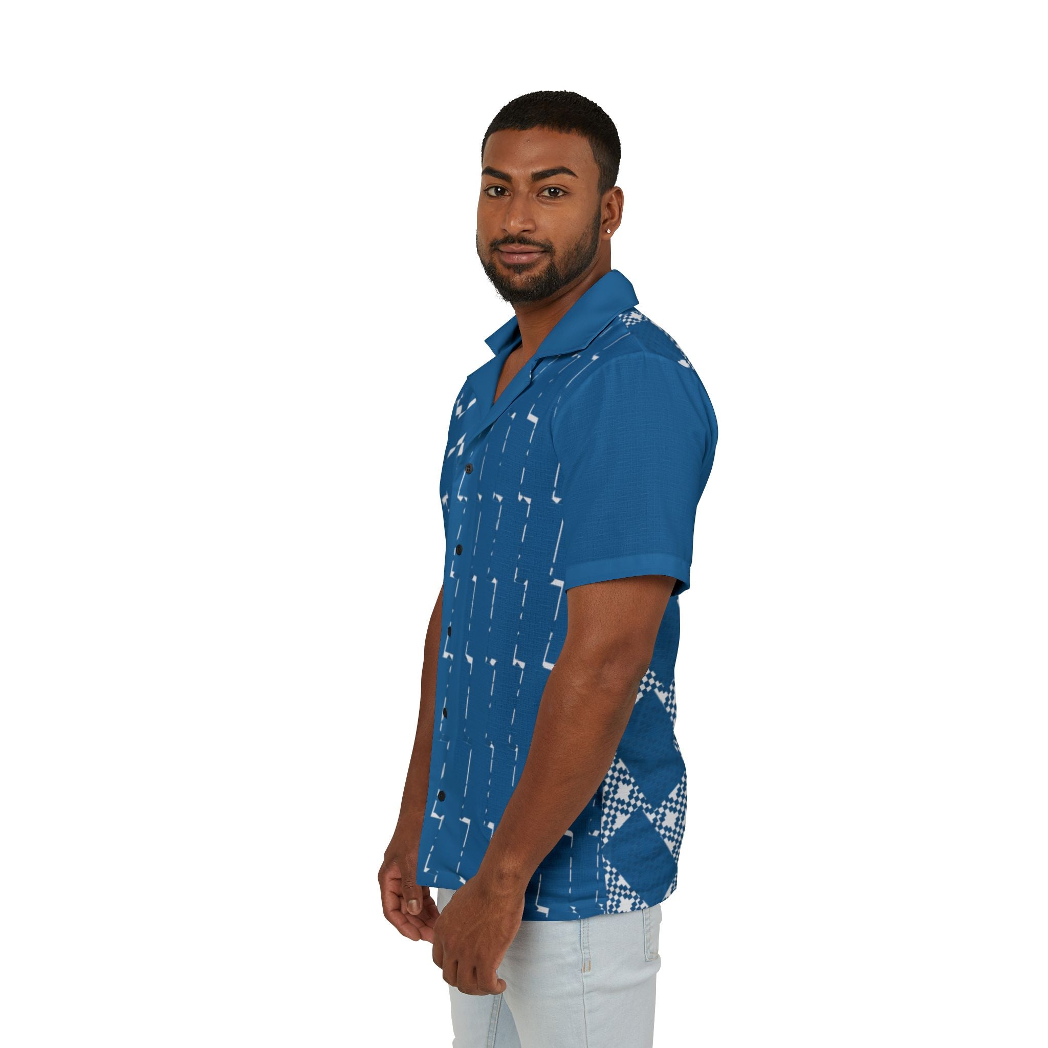 Camp Shirt, Blue Patterned Summer Shirt, Vacation Wear, Beach Style, Casual Outdoor Shirt, Luau Attire