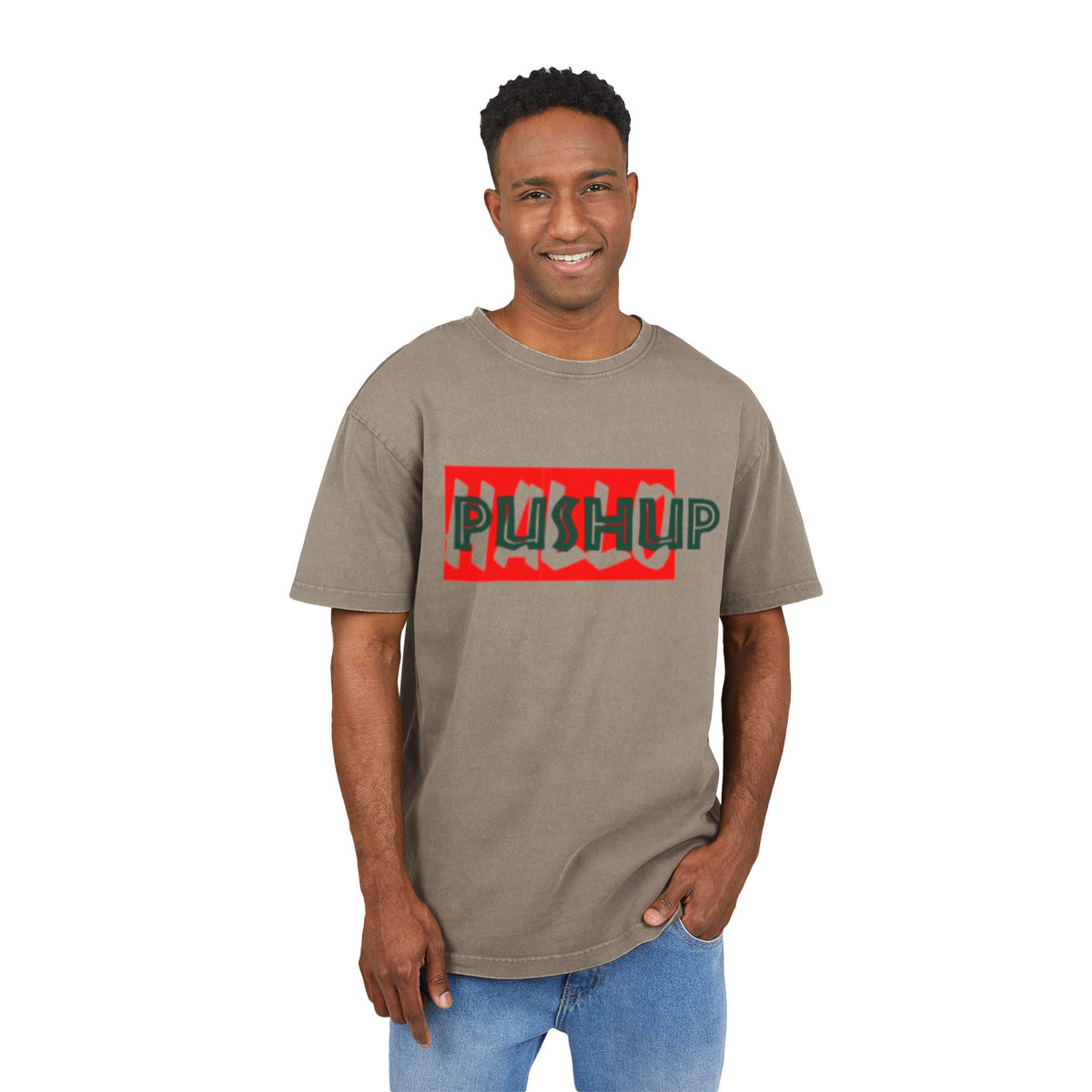 Men's Acid Washed Oversized Tee - Trendy 'Push Up' Graphic Shirt