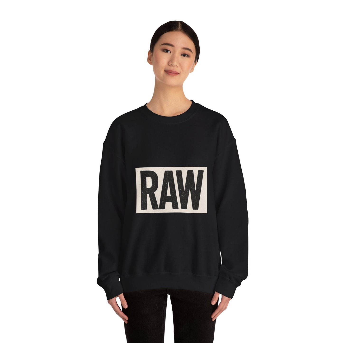 Stylish RAW Graphic Crewneck Sweatshirt, Unisex Casual Wear, Cozy Winter Layer, Trendy Streetwear, Perfect Gift for Him/Her Printify