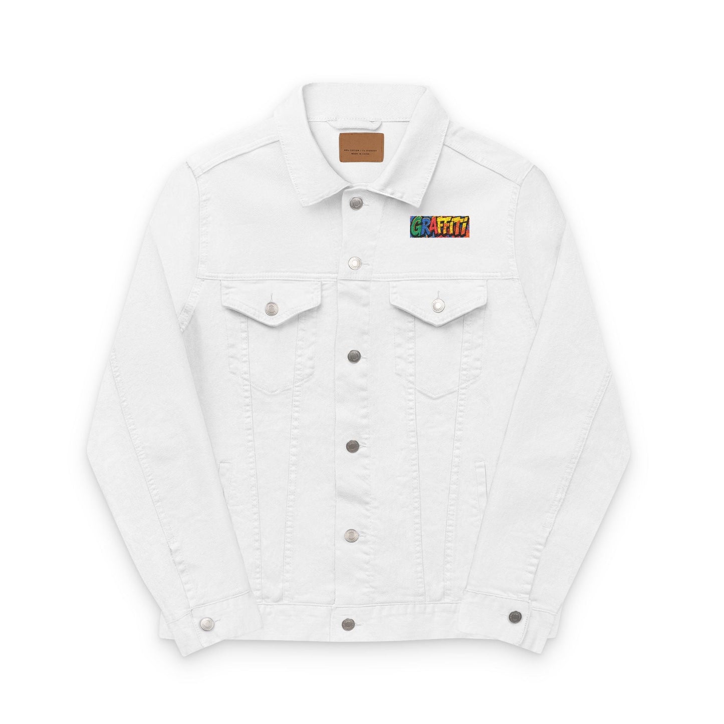 Vibrant Graffiti Embroidered Unisex Denim Jacket, Streetwear Fashion, Summer Layering, Gift for Teens, Casual Style Outfit Printify