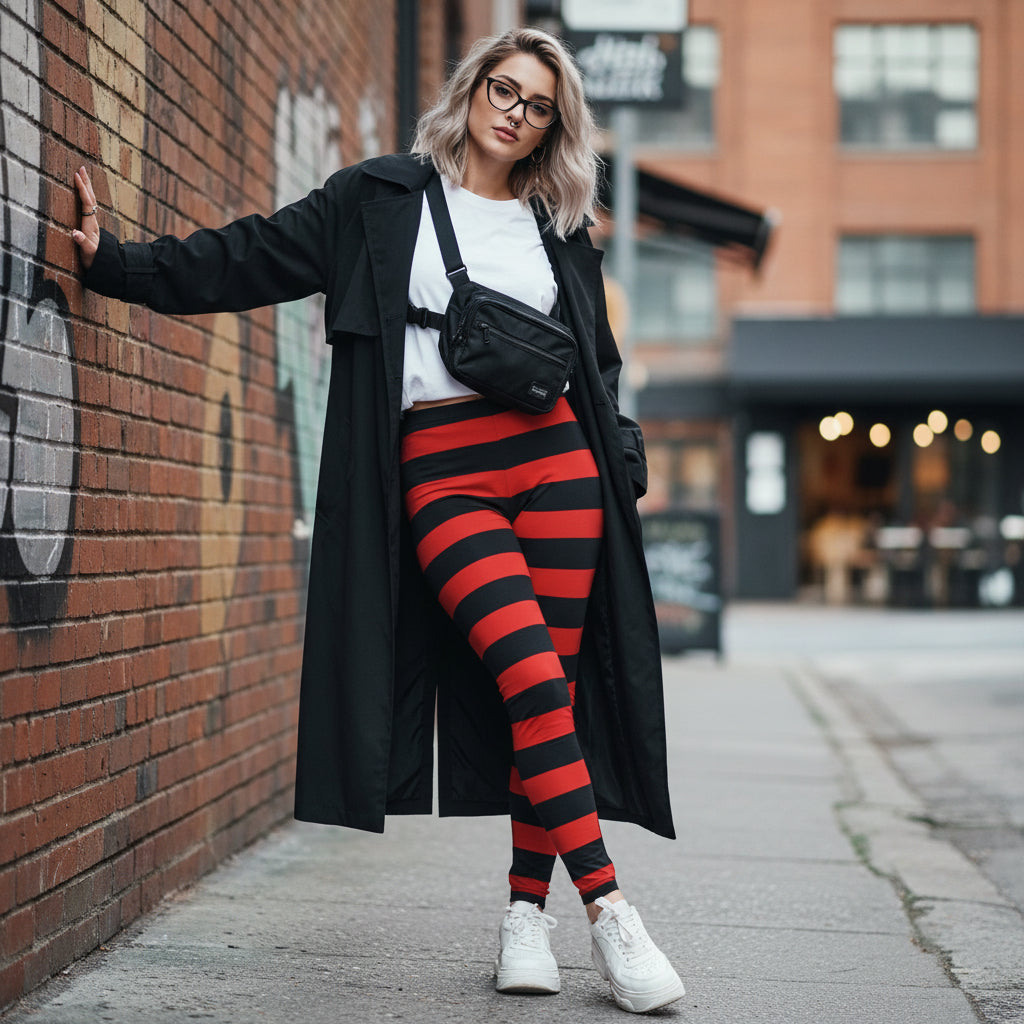 Striped Red & Black Leggings — Women's Casual All-Over Print Printify